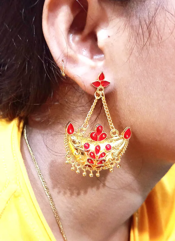Assamese_Traditional_Copper_Gold_Plated_Red_Colour_Jhumka_Earring_For_Girls_&_Women